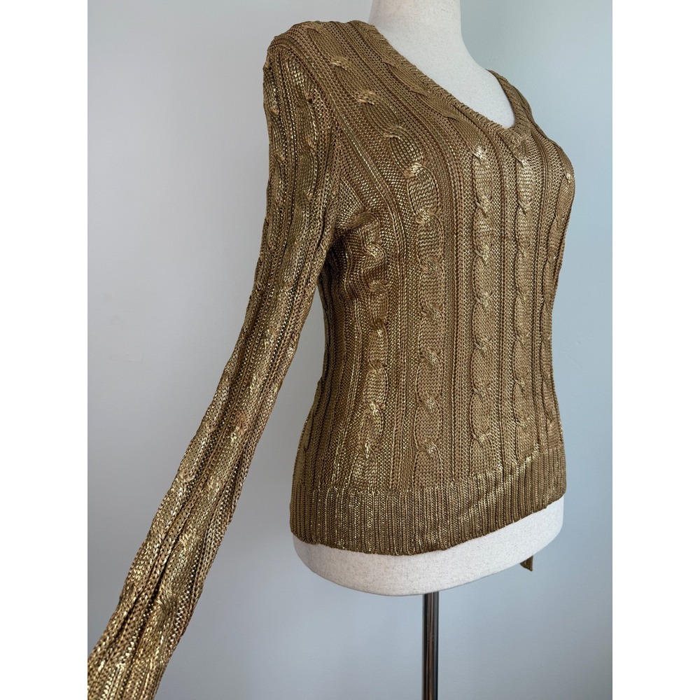 Lauren Ralph Lauren Sweater Women's Large Gold Metallic Cable Knit V-Neck Rayon
